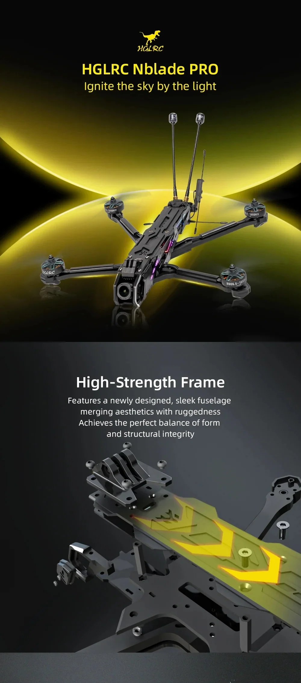 HGLRC Nblade PRO 7-inch FPV frame overview with slender fuselage and high-strength layout