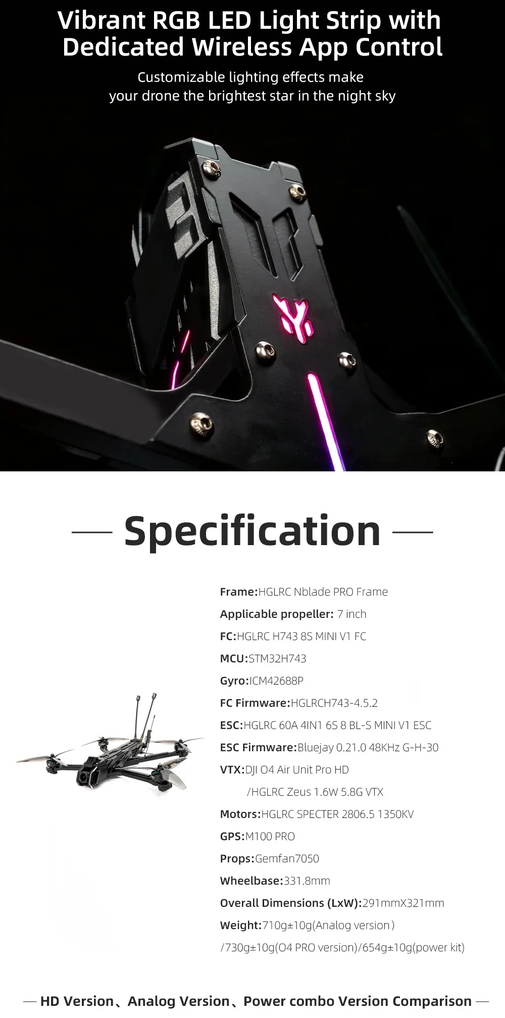 RGB LED light strip with wireless app control plus specification list for the HGLRC Nblade PRO