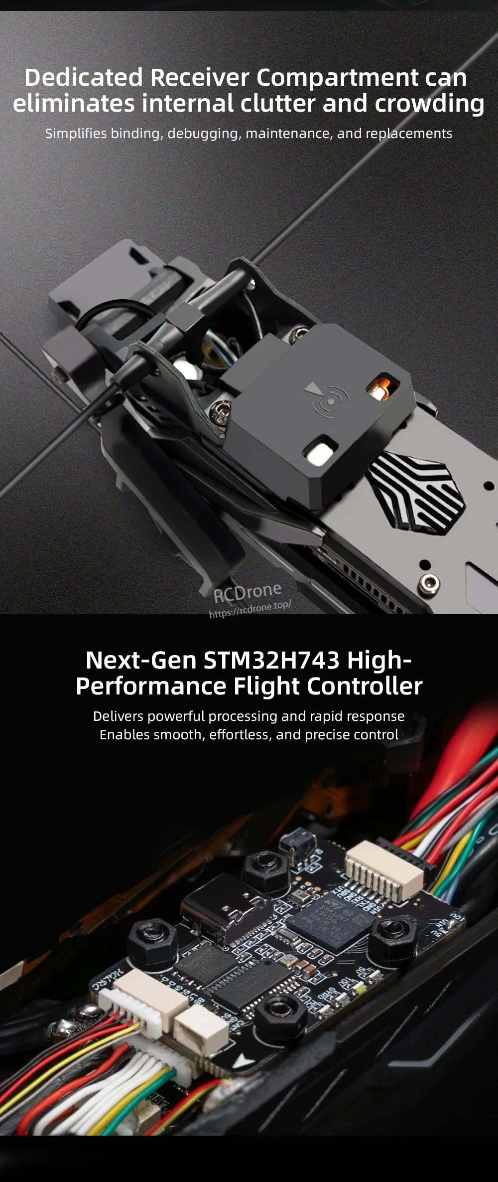 Quick-detach receiver compartment and STM32H743 flight controller wiring layout inside the drone