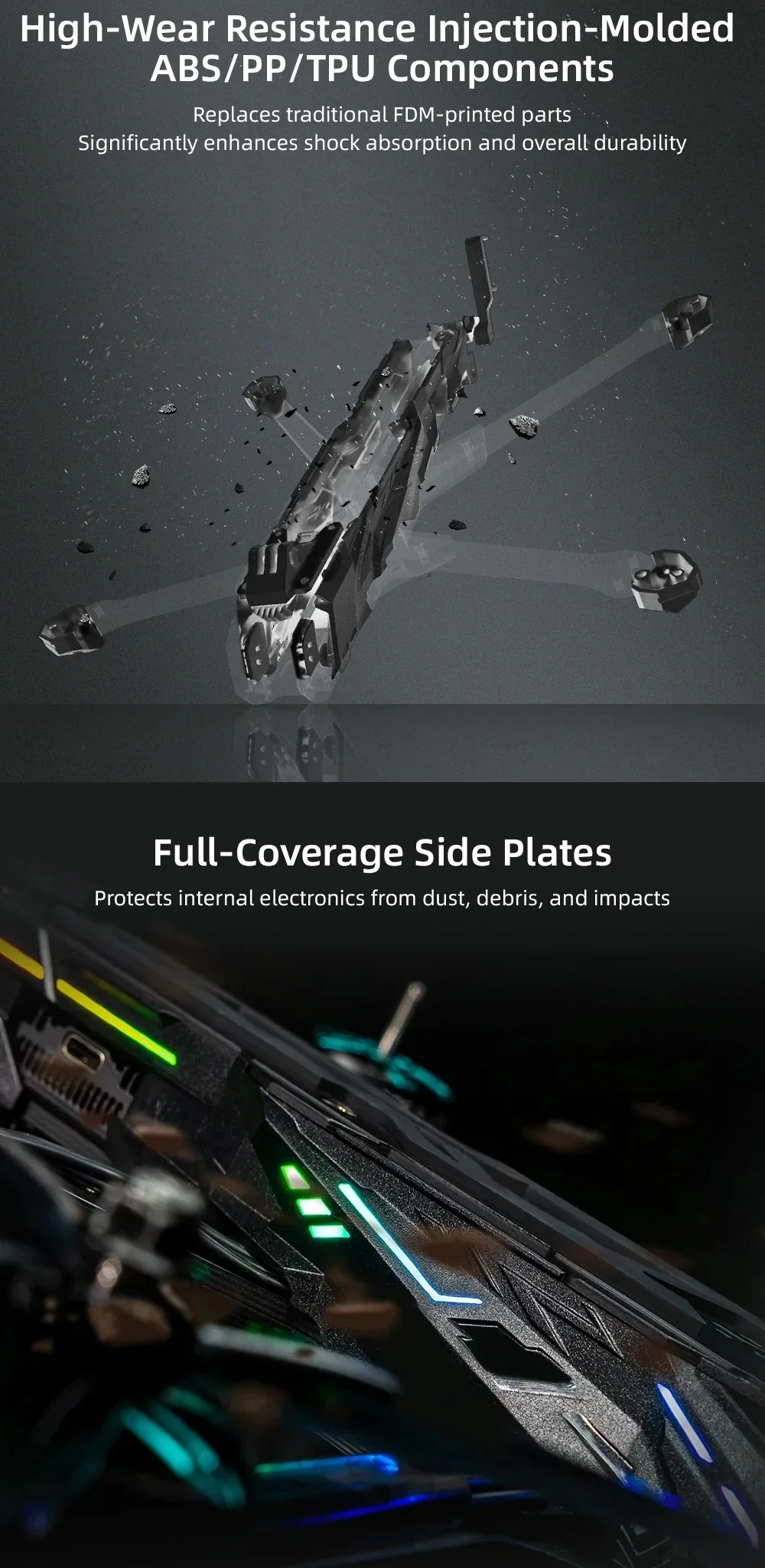 Injection-molded ABS/PP/TPU parts and full-coverage side plates for protection on the Nblade PRO