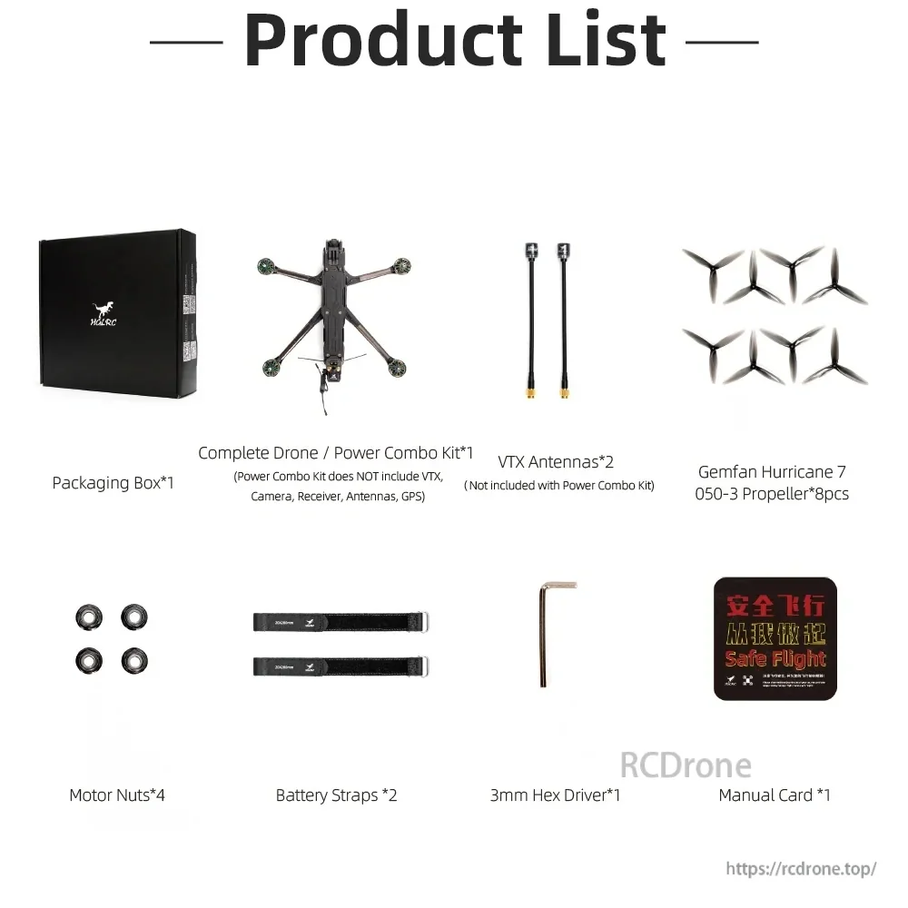HGLRC Nblade PRO package contents: drone, antennas, 7-inch propellers, straps, hardware, tools, manual