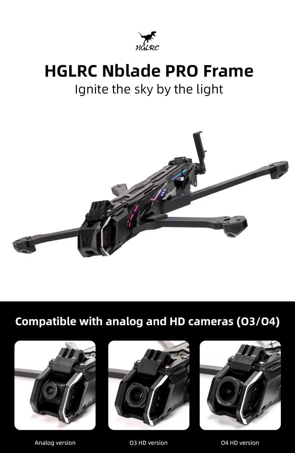 HGLRC Nblade PRO 7-inch FPV frame with RGB lighting, compatible with analog and O3/O4 HD cameras