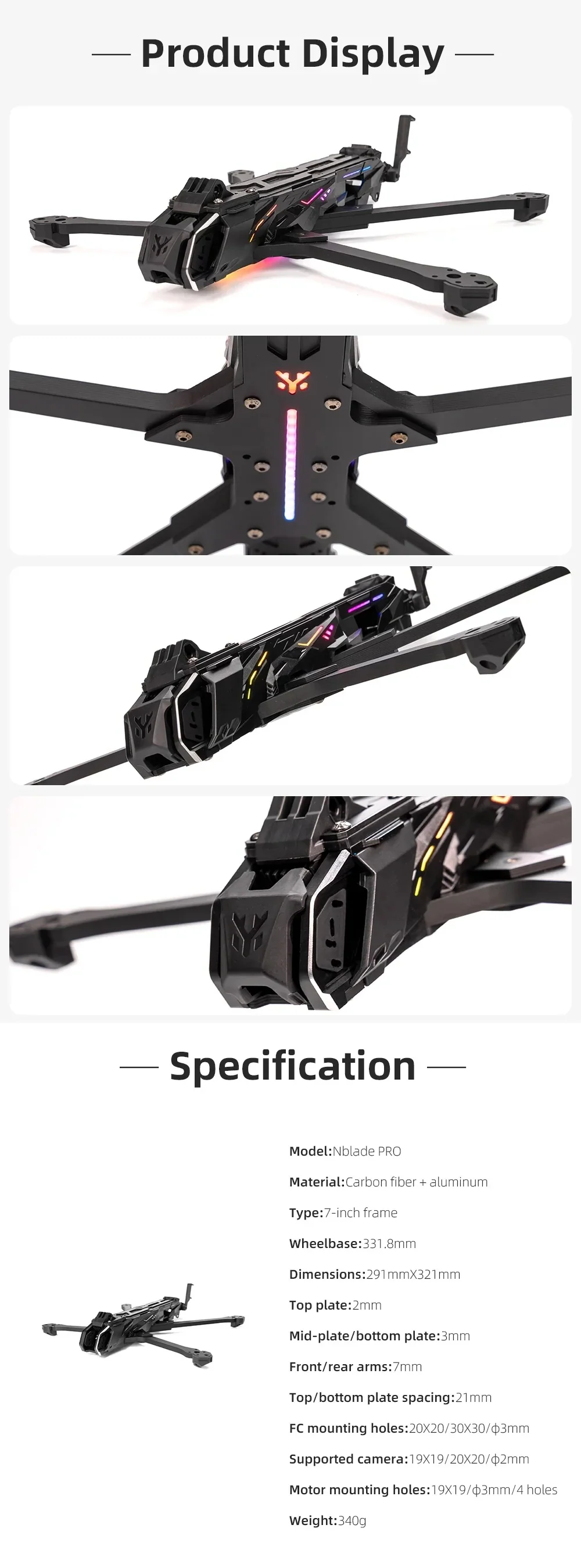 HGLRC Nblade PRO frame product display views with specification panel for the 7-inch carbon fiber and aluminum chassis