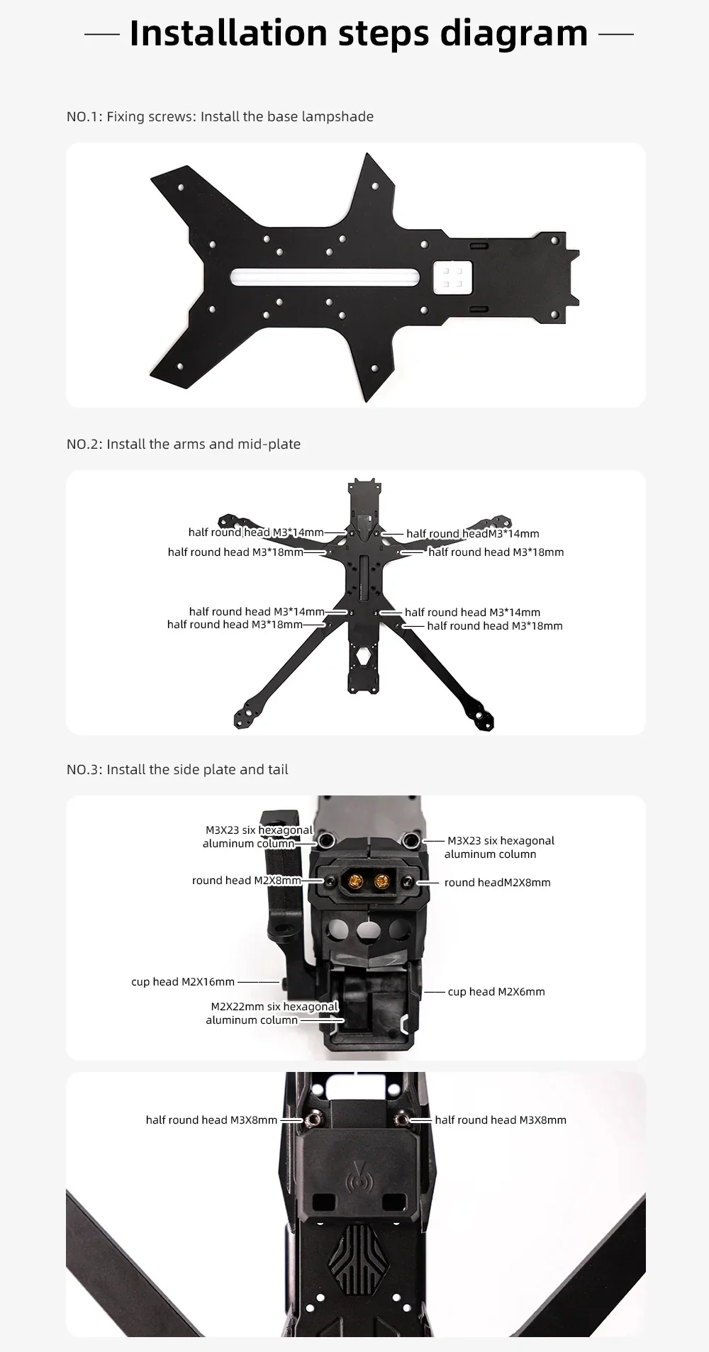Installation steps for the frame base plate, arm and mid-plate assembly, and side plate and tail mounting
