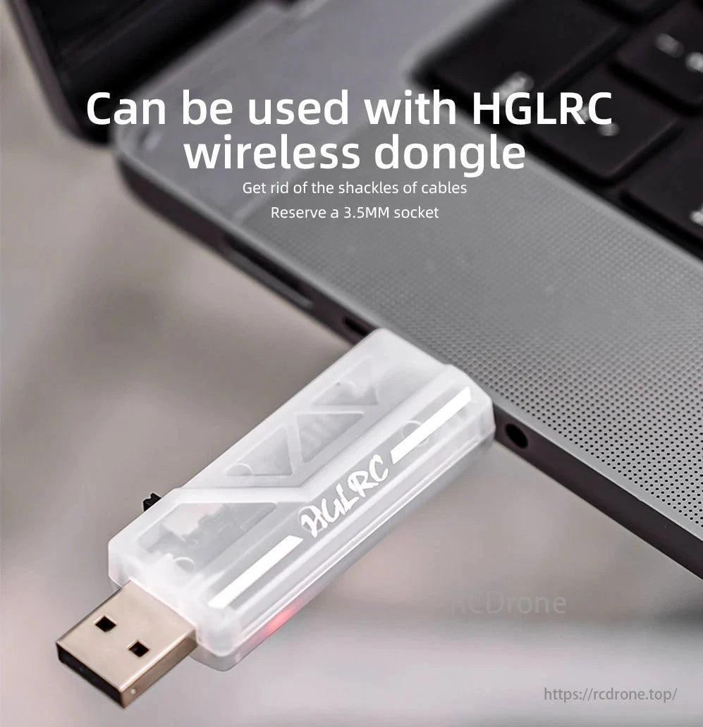 HGLRC Petrel 75 V2 Whoop 1S 1.6-Inch FPV, HGLRC wireless dongle for cable-free use, reserves 3.5MM socket.