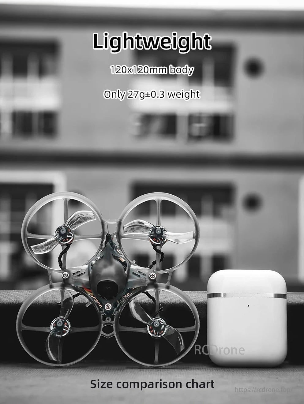 HGLRC Petrel 75 V2 Whoop 1S 1.6-Inch FPV, HGLRC Petrel 75 V2 Whoop: Lightweight, 120x120mm frame, 27g weight, size comparison chart included.