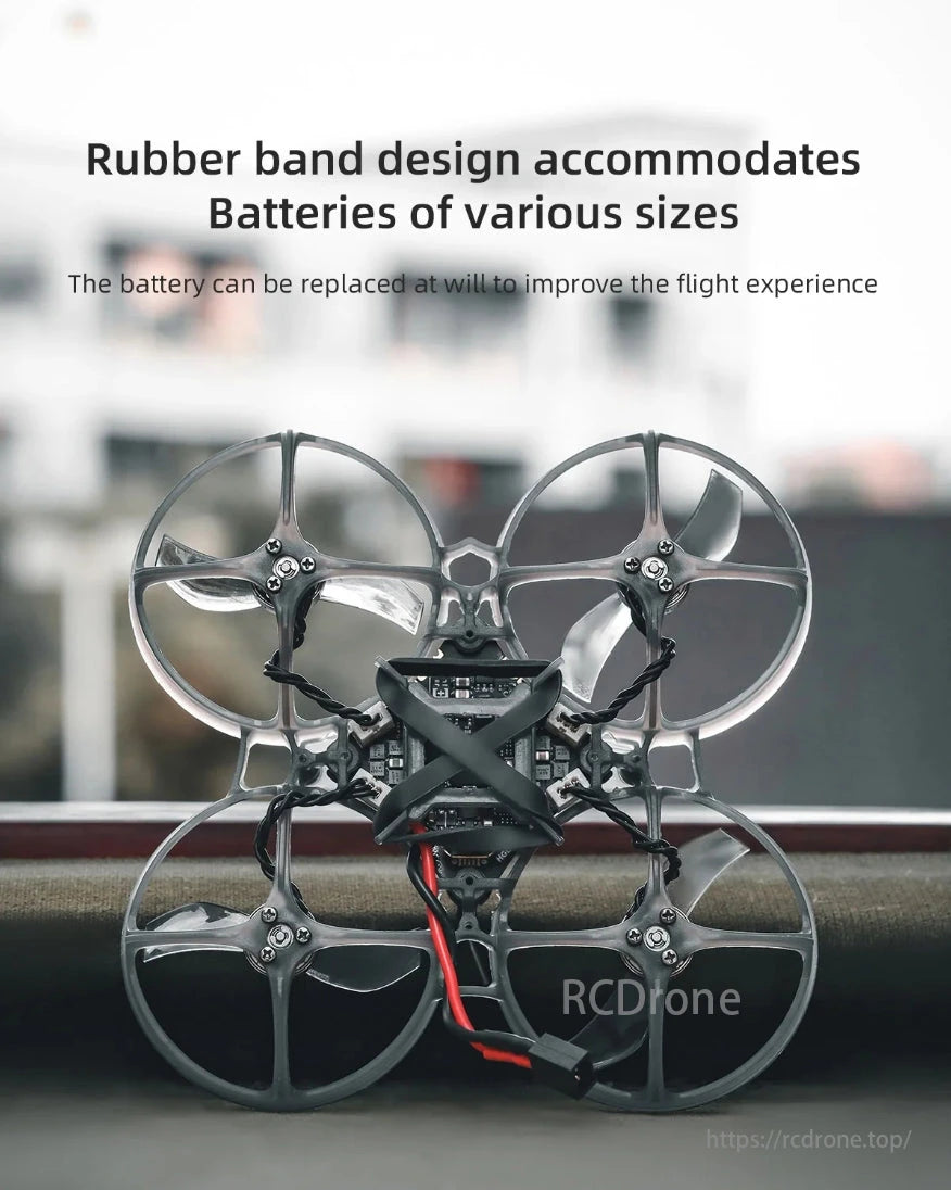 HGLRC Petrel 75 Whoop, The rubber band design fits various battery sizes and allows for replaceable batteries to enhance the flight experience.