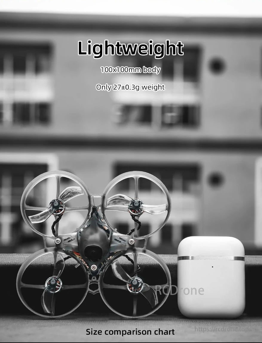 HGLRC Petrel 75 Whoop: Lightweight, 100x100mm body, 27g weight. Includes size chart compared to AirPods case.