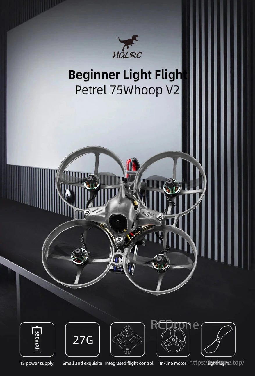 HGLRC Petrel 75 Whoop V2: 1S power, 27g weight, integrated control, in-line motor, lightweight flight.