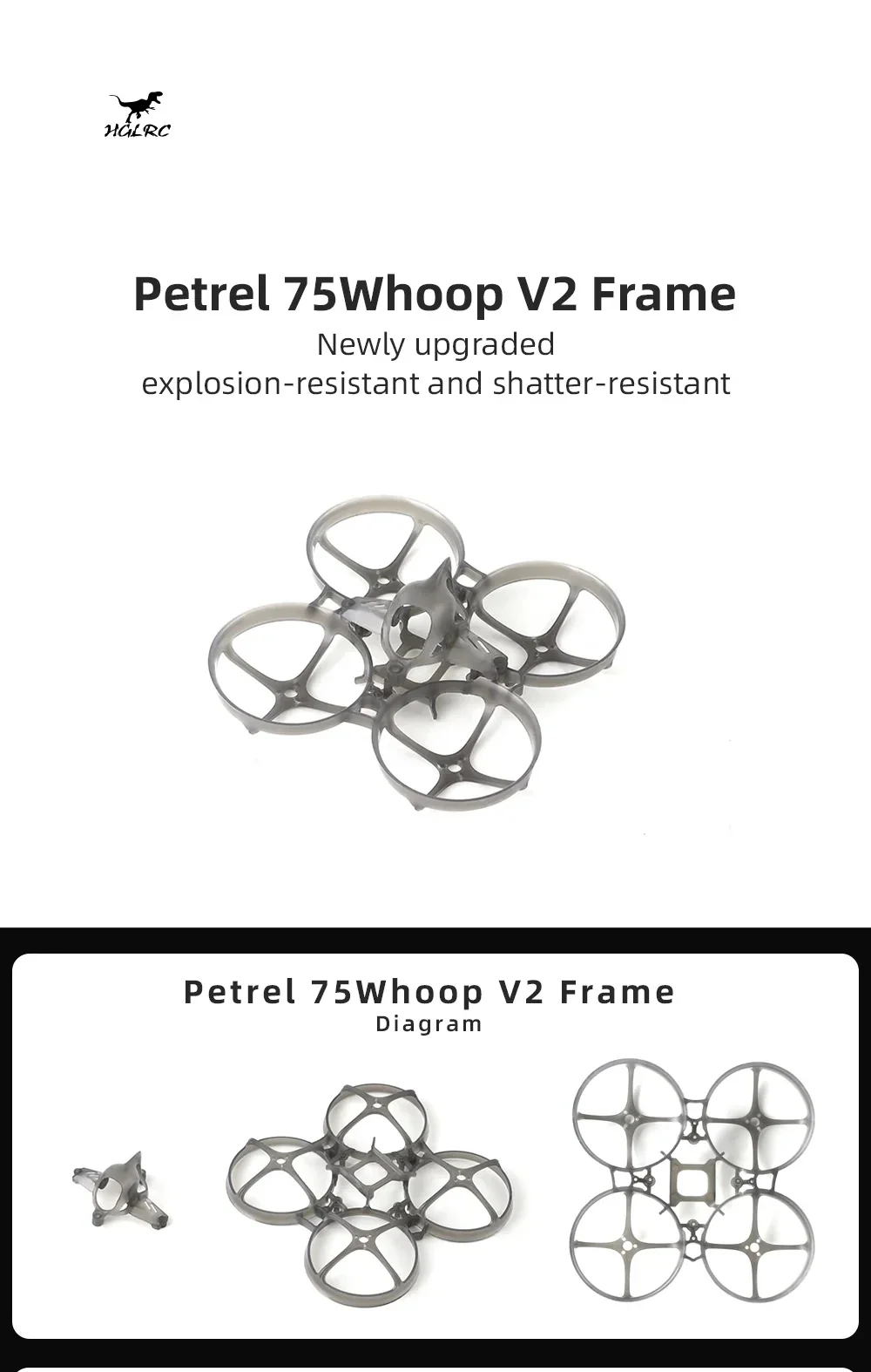 HGLRC Petrel 75Whoop V2 75mm indoor FPV whoop frame kit with canopy, transparent gray