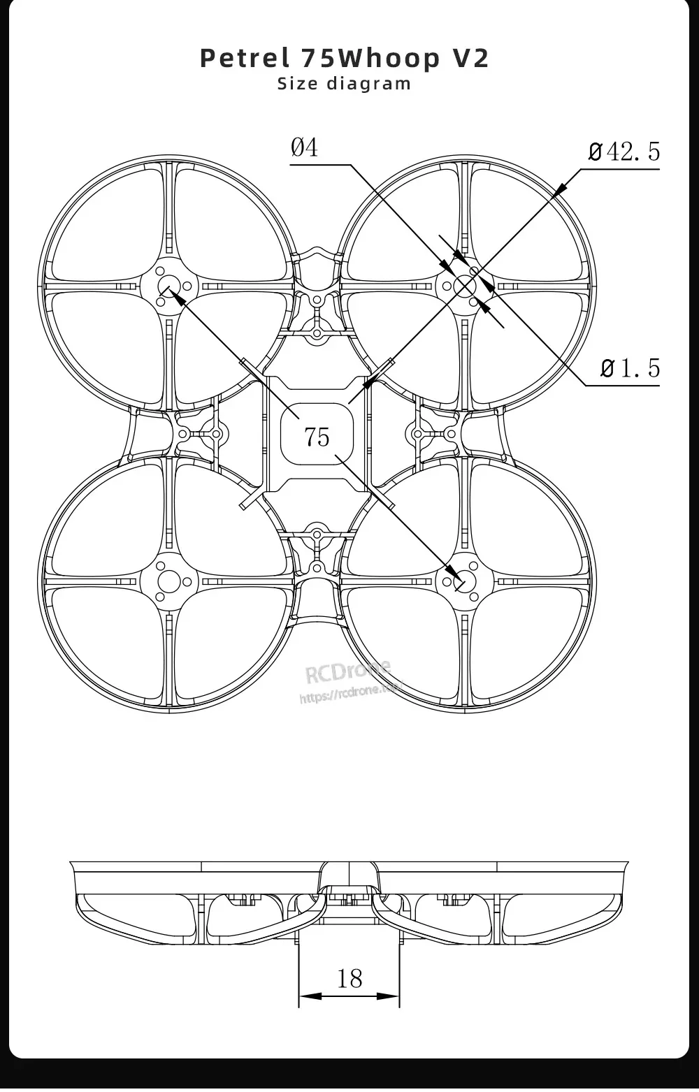 Petrel 75Whoop V2 frame size drawing with 75mm wheelbase and marked dimensions (Ø42.5, Ø4, Ø1.5, 18)