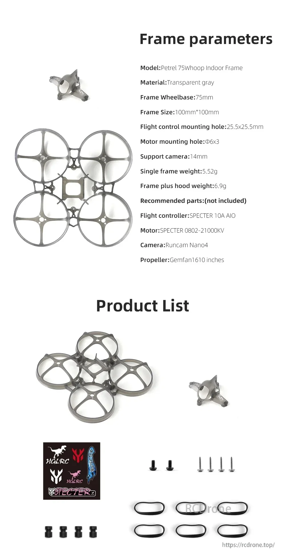 Frame parameters and included parts for Petrel 75Whoop V2: 25.5x25.5 mount, 14mm camera, screws and bands