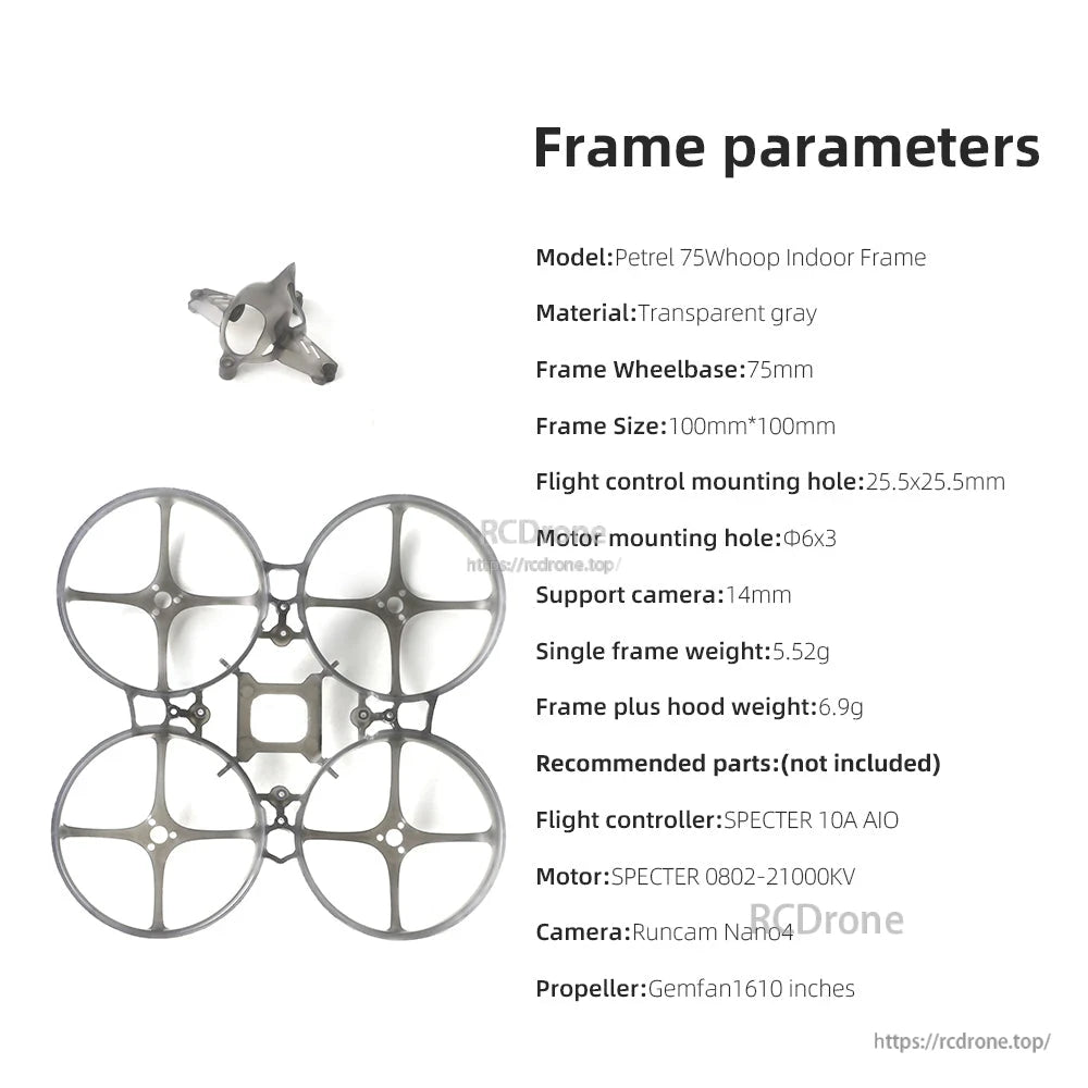 Frame parameters chart for Petrel 75Whoop V2: 75mm wheelbase, 25.5x25.5 mount, 14mm camera support