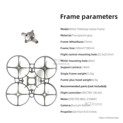Frame parameters chart for Petrel 75Whoop V2: 75mm wheelbase, 25.5x25.5 mount, 14mm camera support