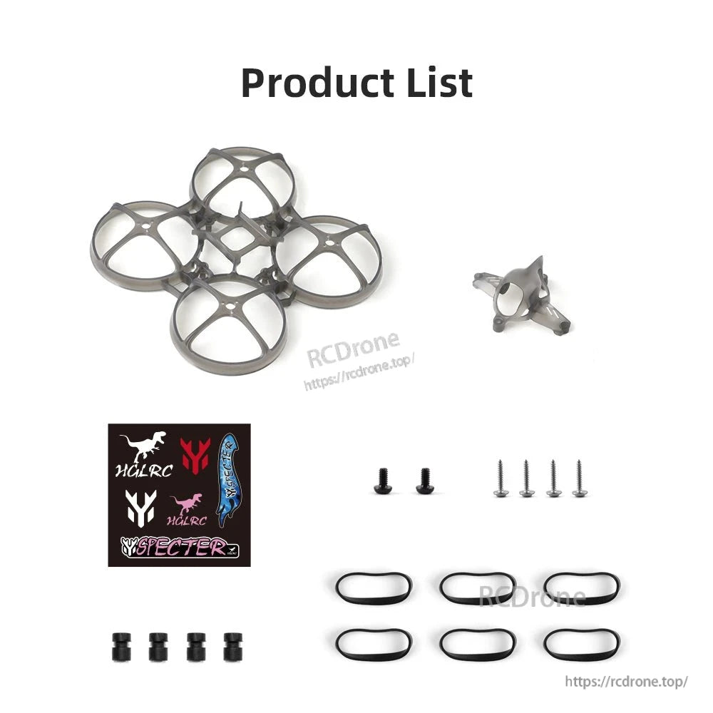 Package contents layout: 75mm whoop frame, canopy, screws, standoffs, battery bands, decal sheet