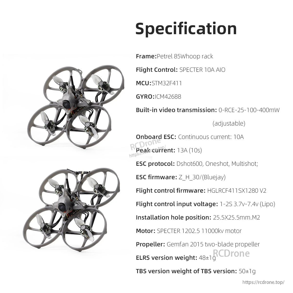 HGLRC Petrel 85Whoop specification chart showing flight controller, MCU, gyro, ESC details and weights
