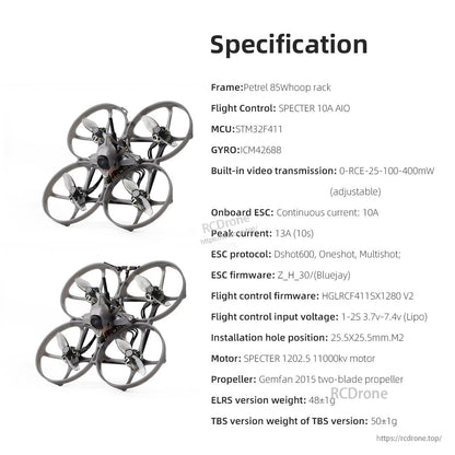 HGLRC Petrel 85Whoop specification chart showing flight controller, MCU, gyro, ESC details and weights