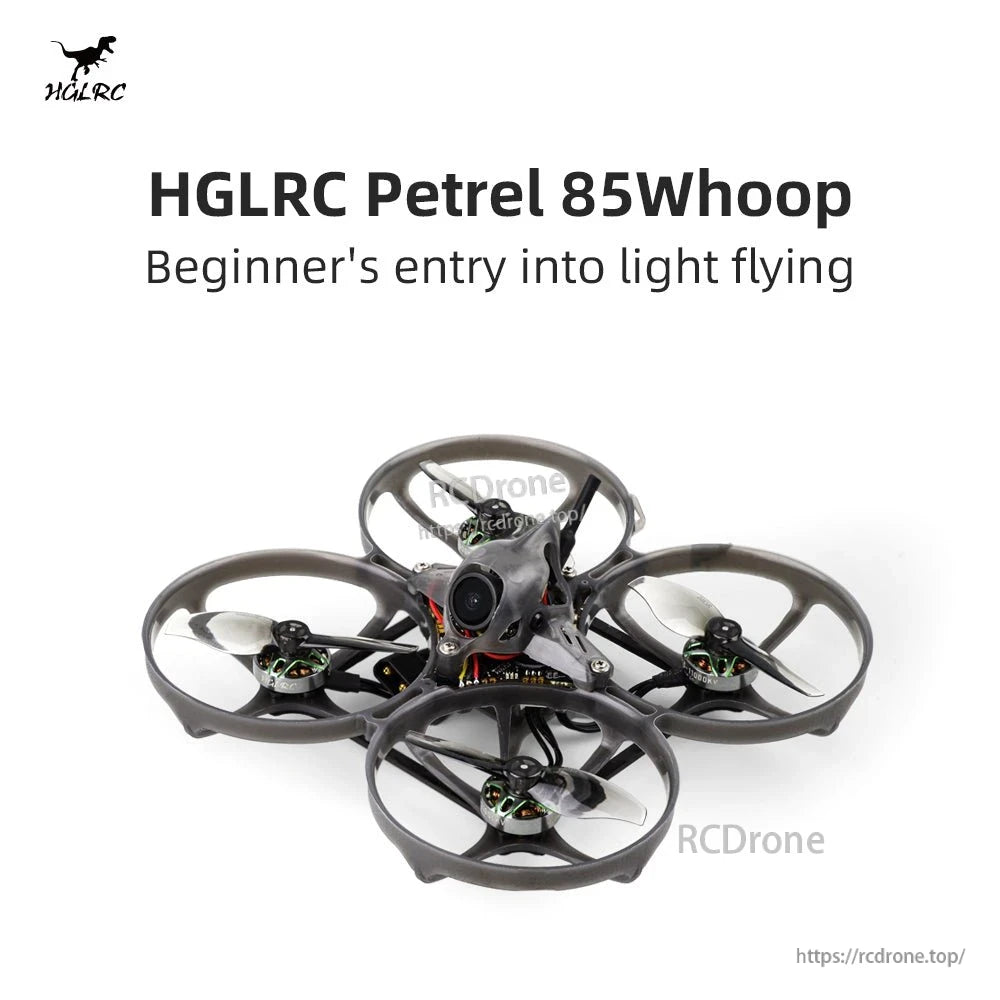 HGLRC Petrel 85Whoop product banner graphic with drone photo and 'Beginner's entry into light flying' text
