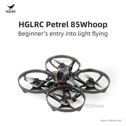 HGLRC Petrel 85Whoop product banner graphic with drone photo and 'Beginner's entry into light flying' text