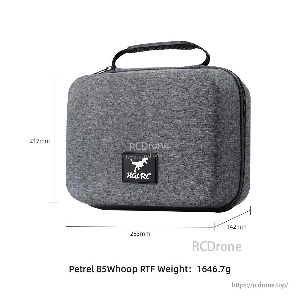 HGLRC Petrel 85Whoop RTF carrying case size diagram 283×217×142mm with listed kit weight 1646.7g