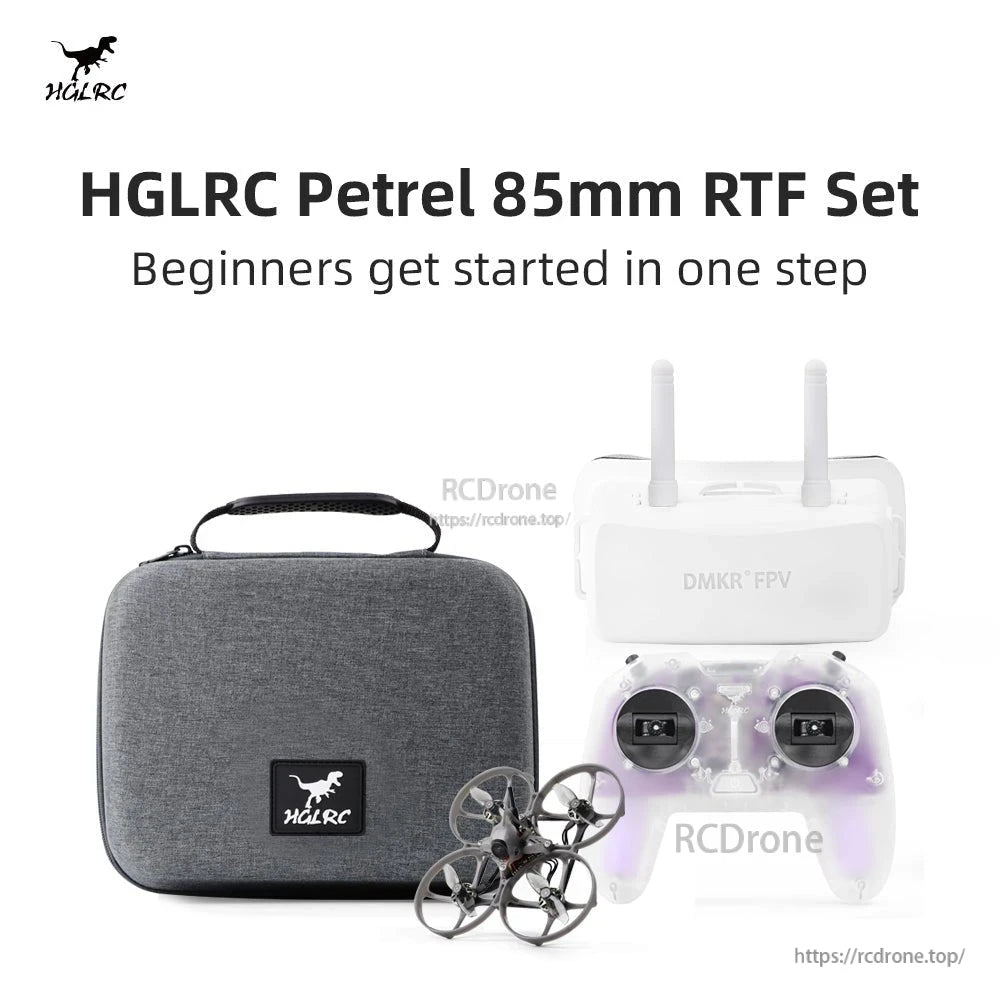 HGLRC Petrel 85mm RTF set overview graphic showing drone, goggles, controller and carrying case