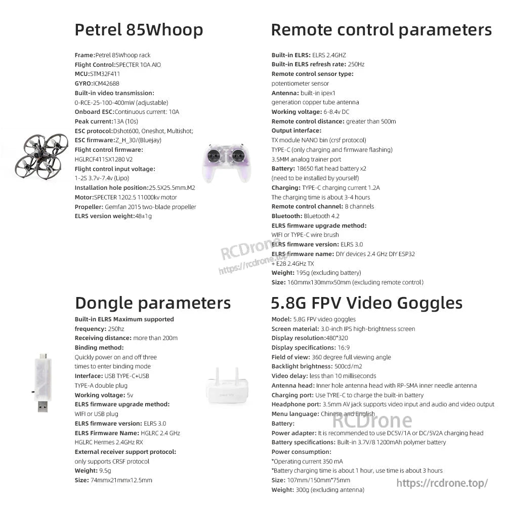 Petrel 85Whoop RTF set specification chart for drone, remote control, dongle and 5.8G FPV video goggles