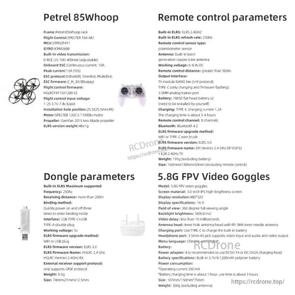 Petrel 85Whoop RTF set specification chart for drone, remote control, dongle and 5.8G FPV video goggles