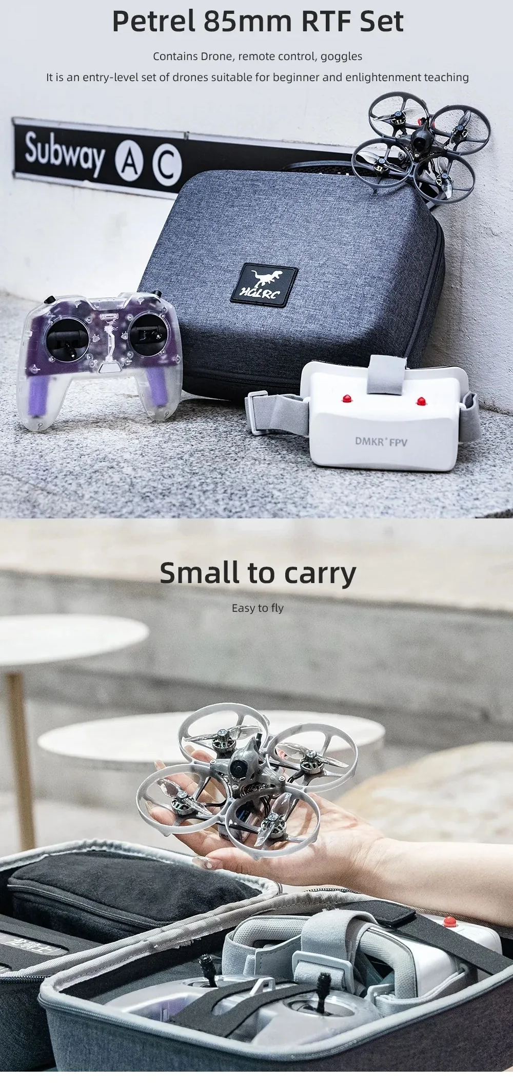 Petrel 85mm RTF set contents laid out: 2-inch whoop drone, C1 remote, FPV goggles, and storage case