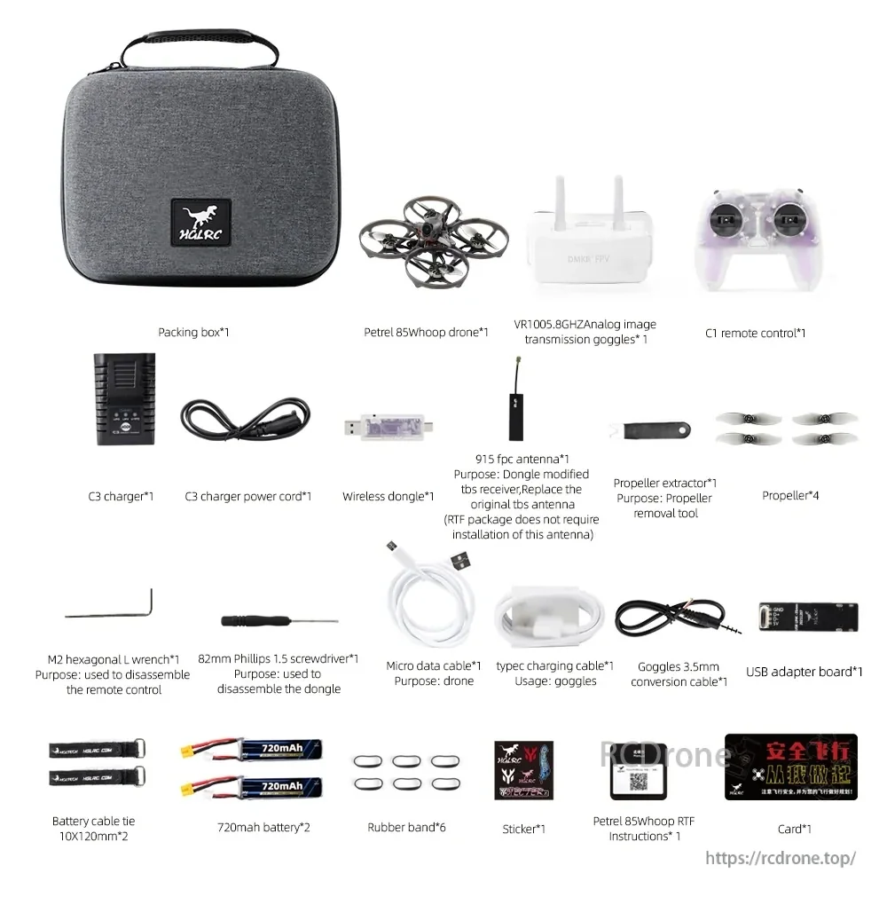 HGLRC Petrel 85Whoop RTF set package list with carry case, drone, 5.8G goggles, C1 remote, dongle, props and tools