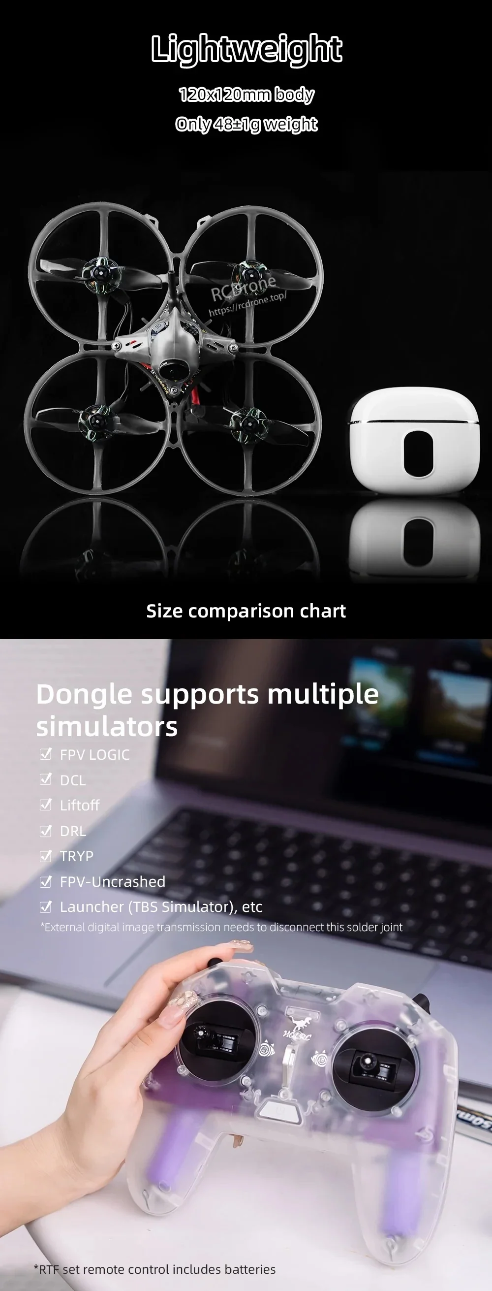 Petrel 85Whoop size comparison and controller simulator support list for FPV training dongle and popular sims