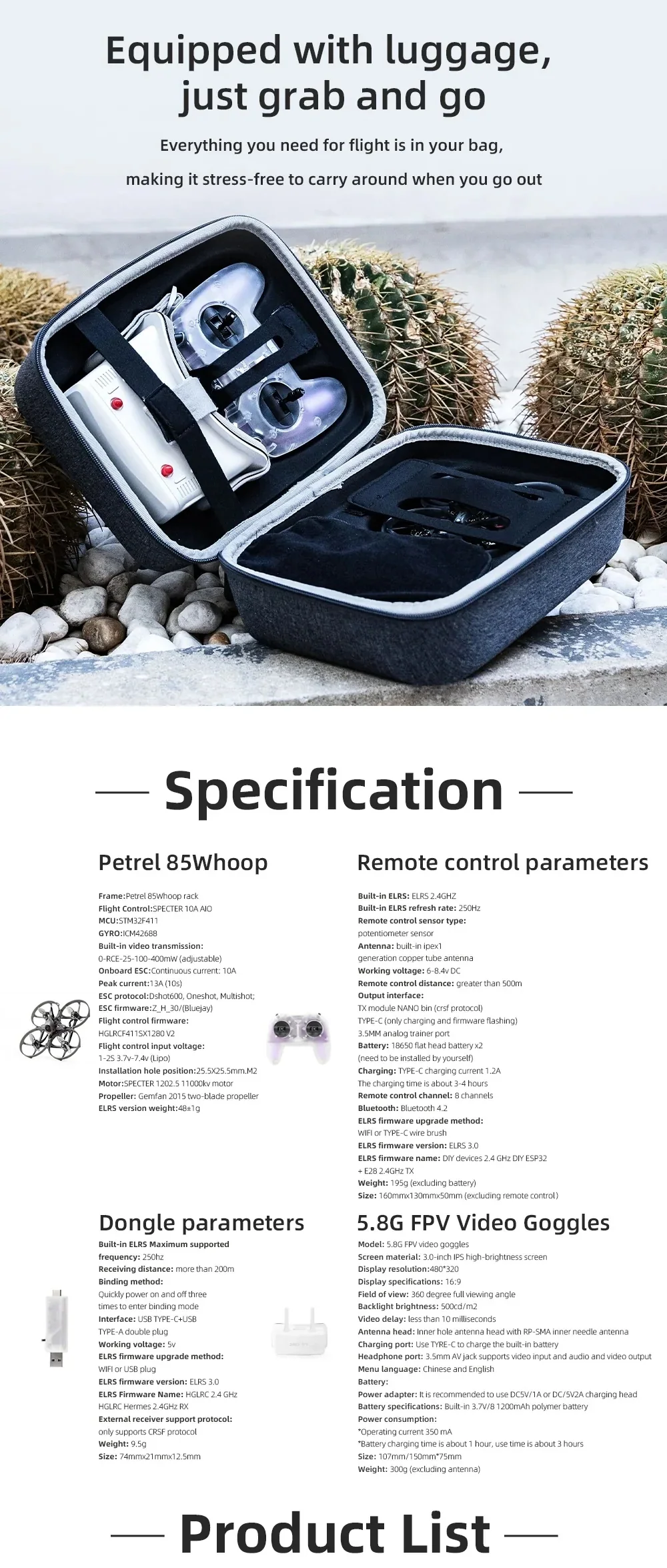 Carry case with goggles and C1 remote secured inside, plus Petrel 85Whoop RTF set specification sheet