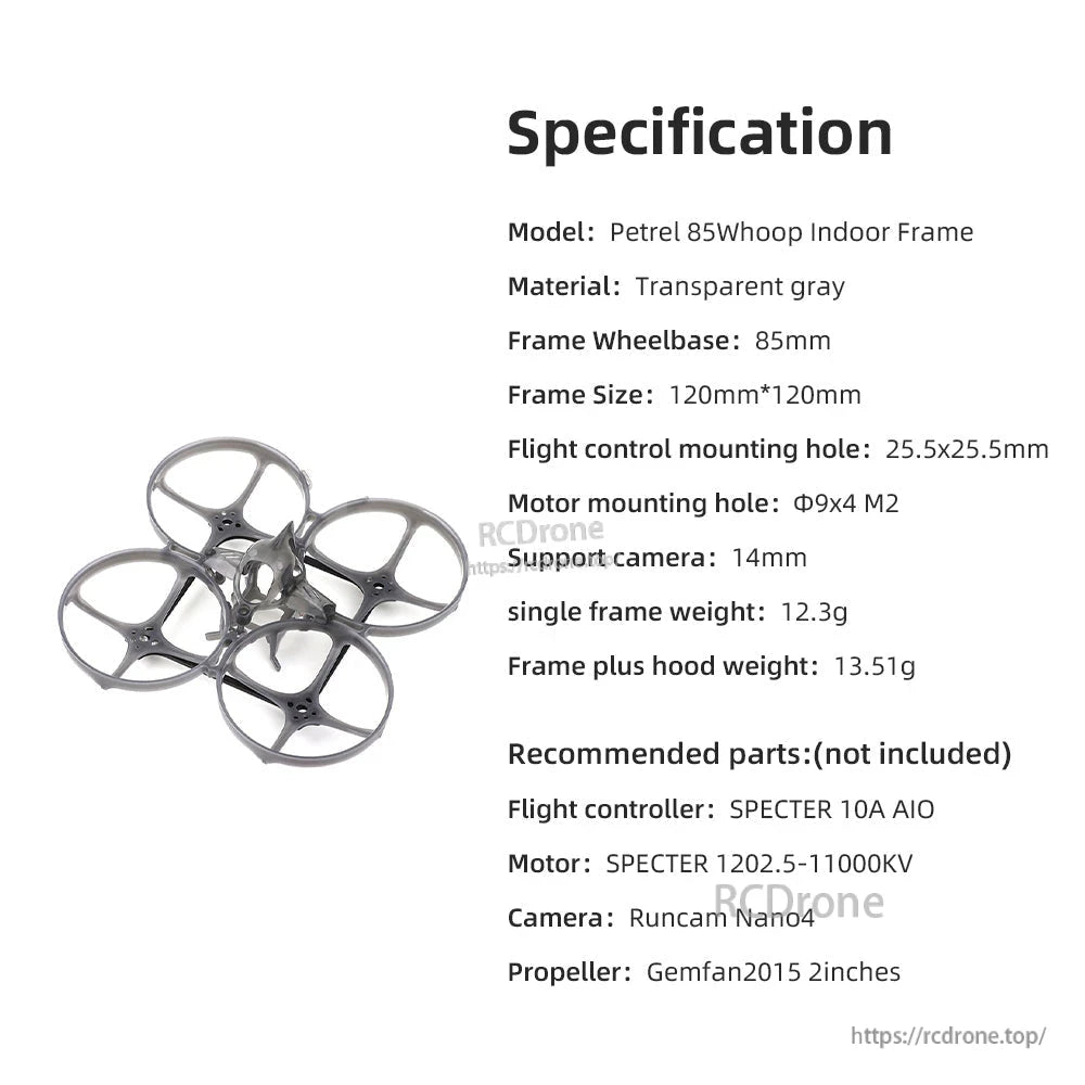 Specification chart for Petrel 85Whoop indoor frame: 85mm wheelbase, 14mm camera support