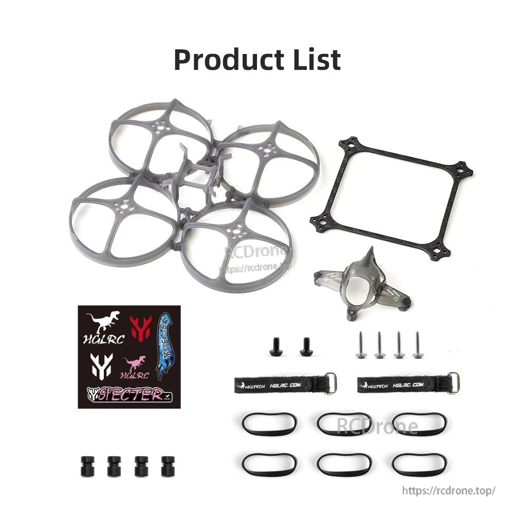 Product list image showing included hardware, straps, stickers, screws, standoffs, rubber bands