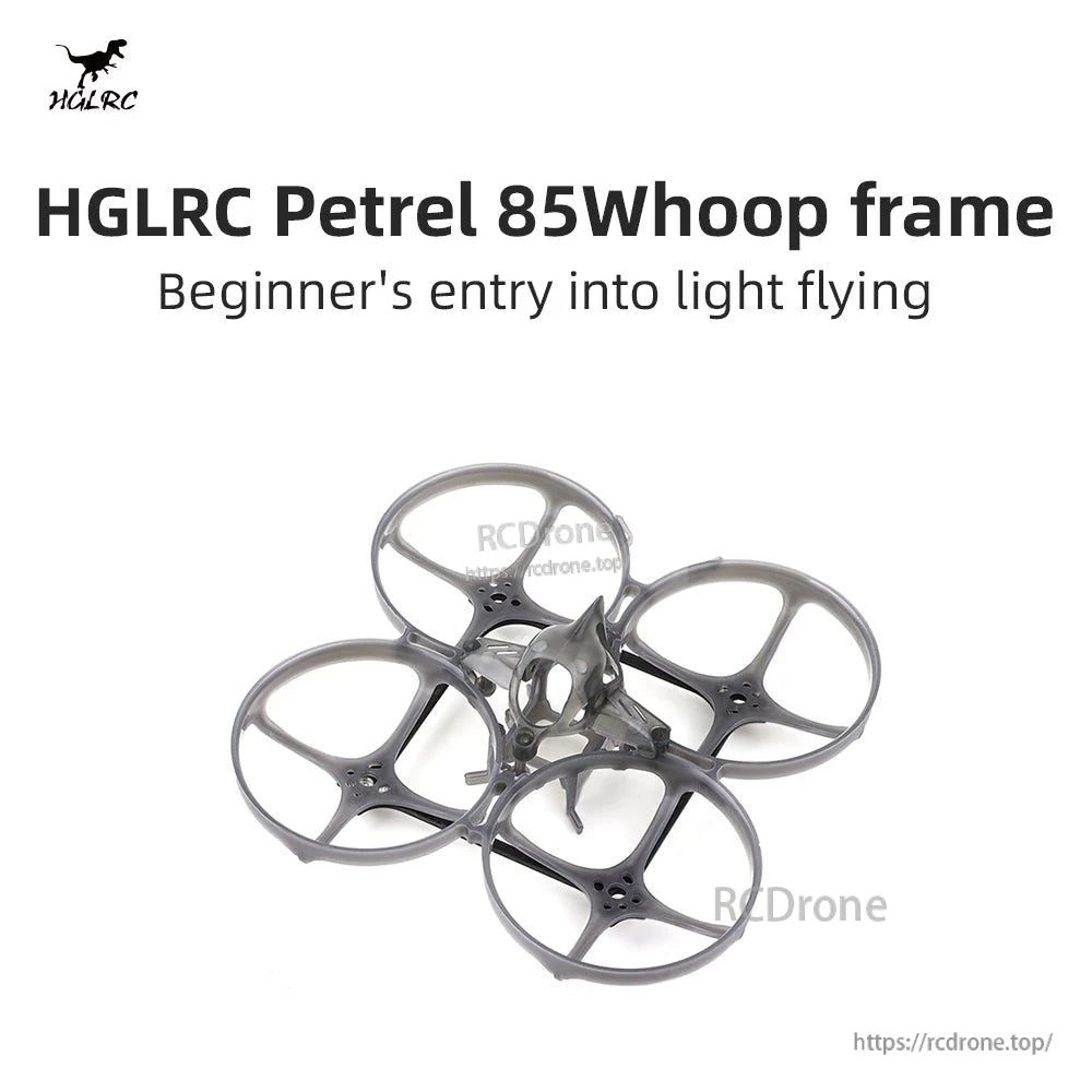 HGLRC Petrel 85Whoop frame angled view with canopy installed, product title graphic