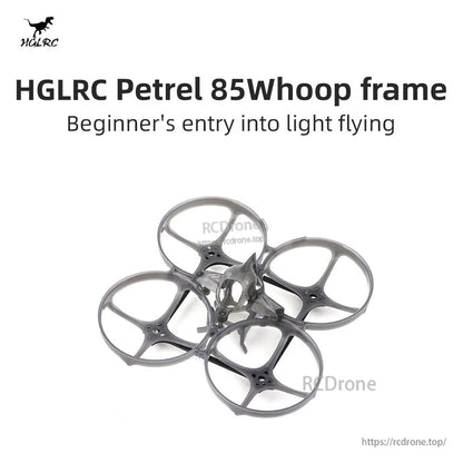 HGLRC Petrel 85Whoop frame angled view with canopy installed, product title graphic
