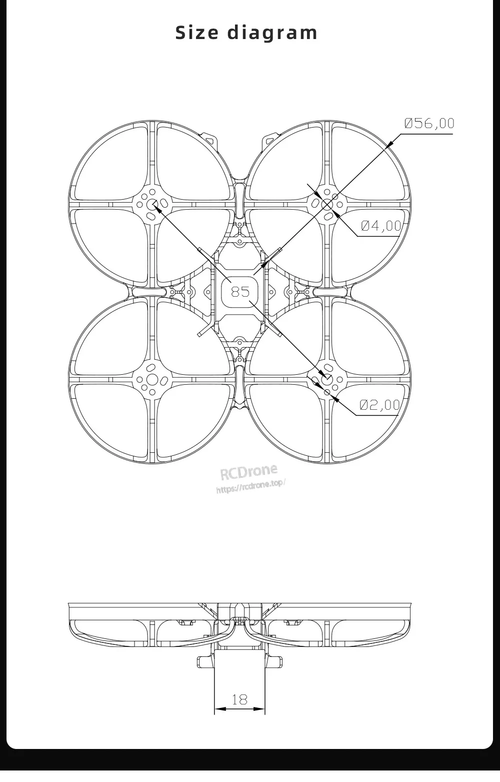 Petrel 85Whoop frame size drawing with 85mm wheelbase and key measurements for ducts and mounting height