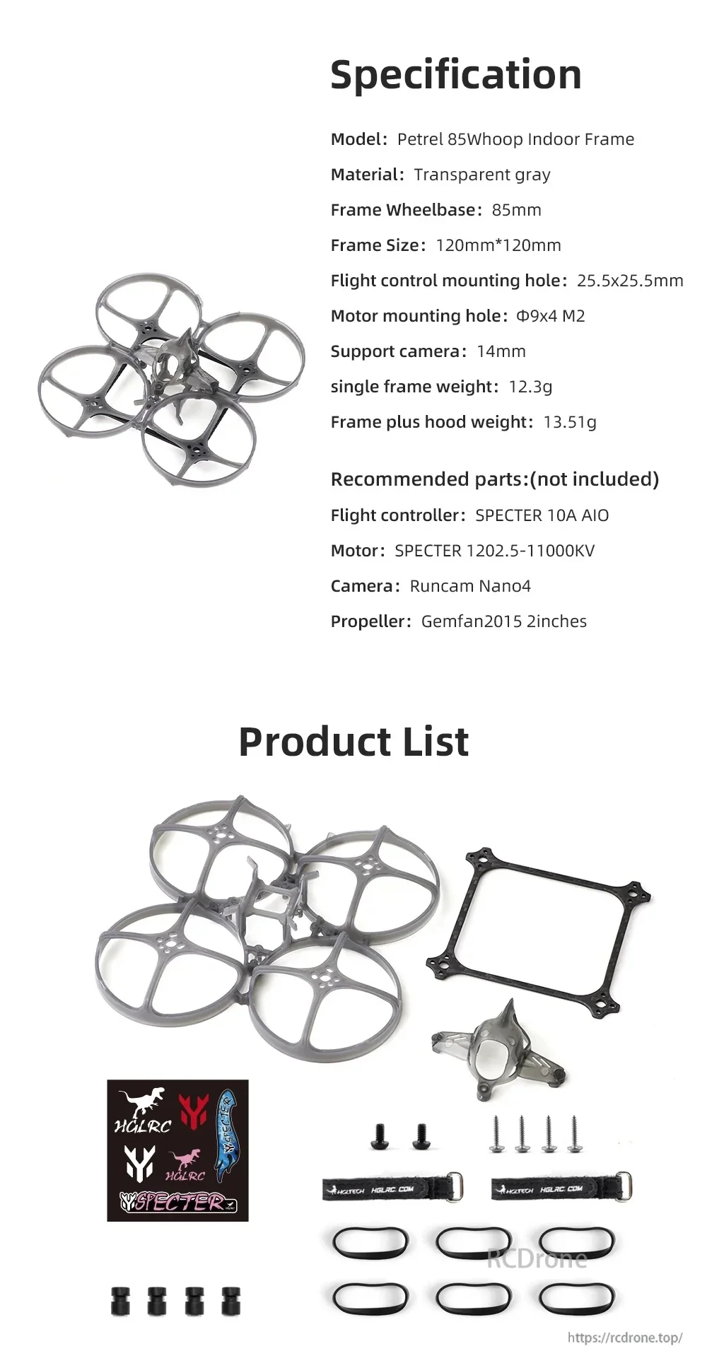 Petrel 85Whoop Indoor Frame specifications and box contents: frame, base plate, canopy, screws, straps and rubber bands