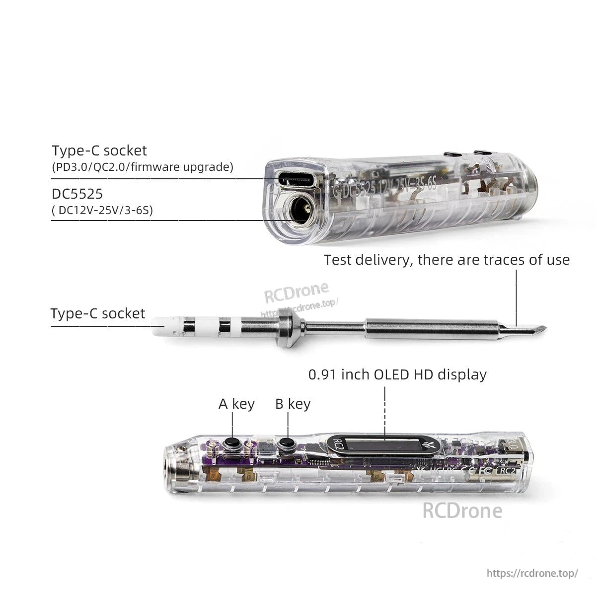 Close-up of input ports and controls: USB-C PD/QC and DC5525 jack, plus 0.91 inch OLED display labels