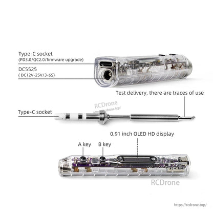 Close-up of input ports and controls: USB-C PD/QC and DC5525 jack, plus 0.91 inch OLED display labels