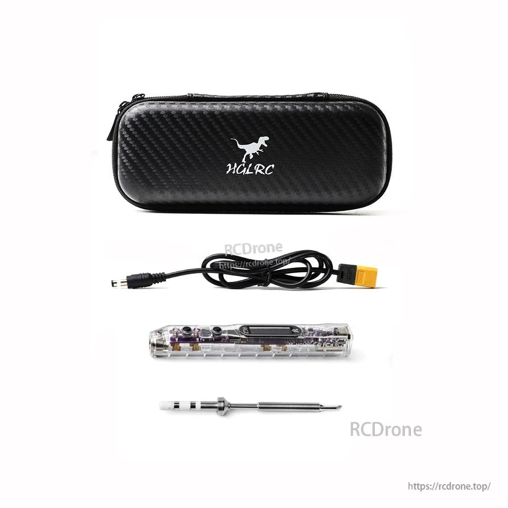 Kit contents laid out: HGLRC zip case, power cable with yellow connector, soldering iron handle and tip