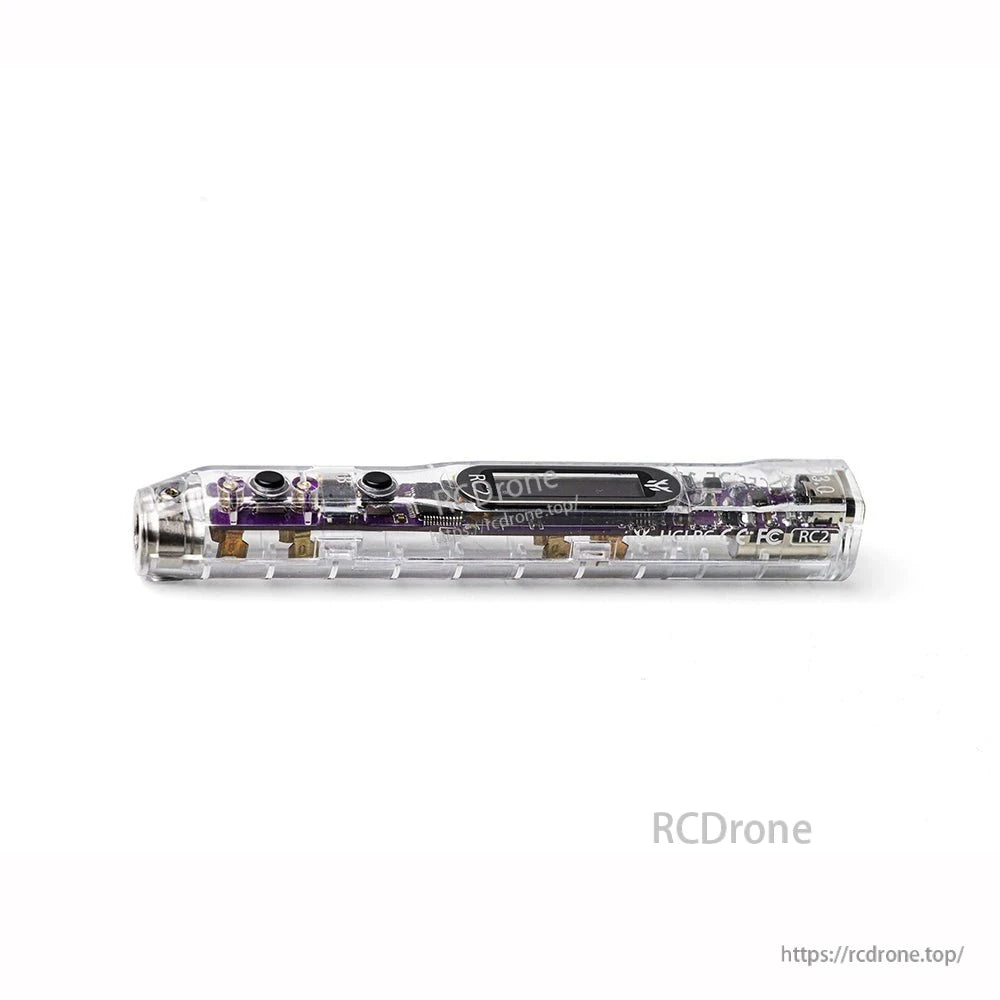 Side view of transparent RC2 soldering iron handle showing OLED screen window and two control buttons