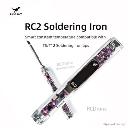 RC2 soldering iron promotional graphic showing TS/T12 tip compatibility and handheld size
