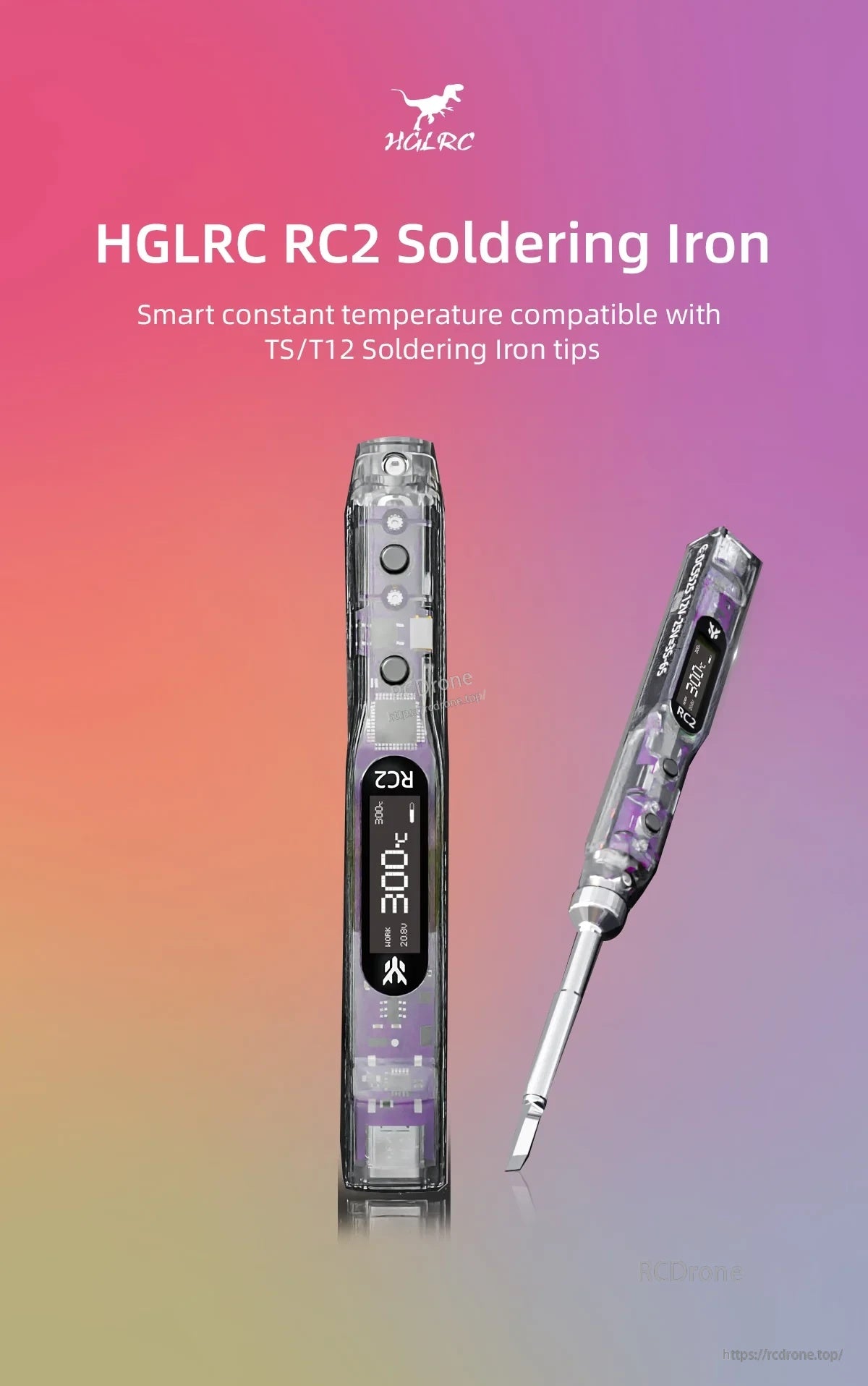 HGLRC RC2 portable soldering iron with transparent body and OLED screen, compatible with TS/T12 tips