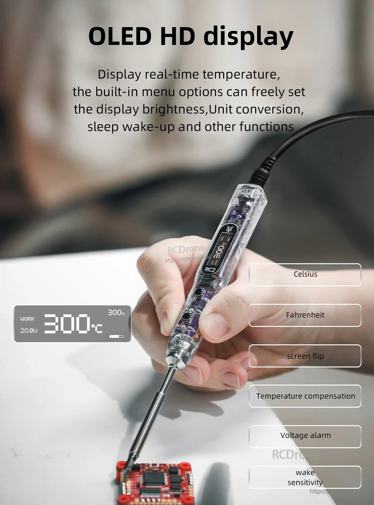 RC2 soldering iron in hand with OLED temperature display and menu functions like °C/°F, screen flip, sleep