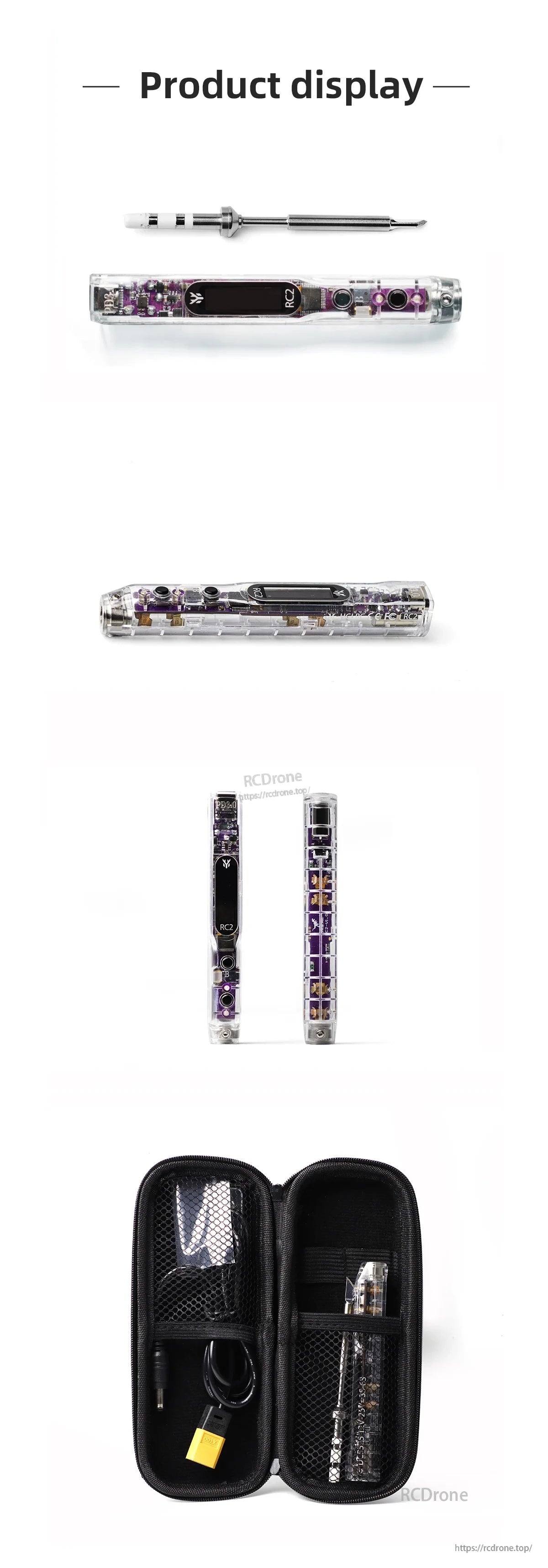 Product display of RC2 soldering iron: front and back views, TS/T12 tip, and zippered storage case with cable