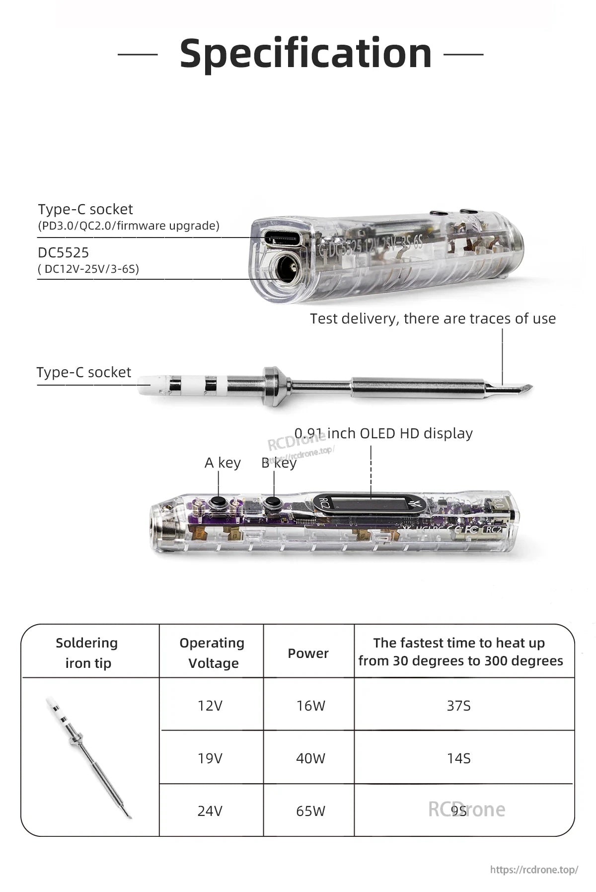 RC2 specification chart showing USB-C and DC5525 ports, 0.91in OLED, A/B keys, and heat-up times by voltage