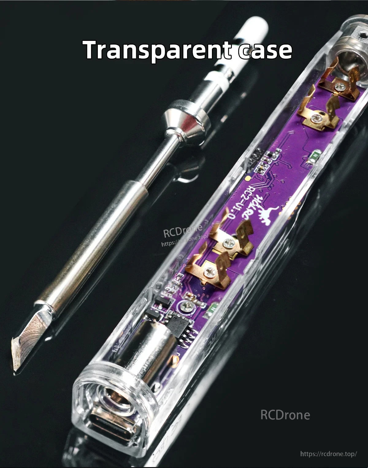 Close-up of RC2 transparent case showing internal board and metal tip installed