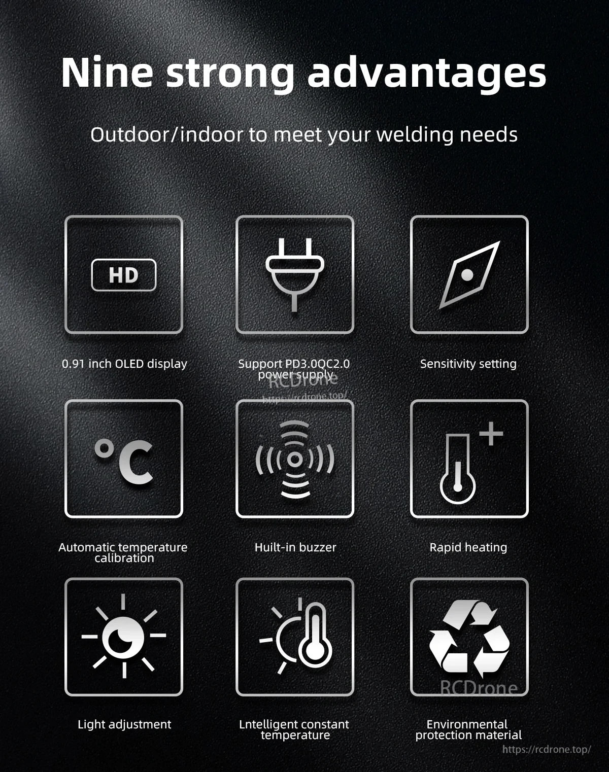 Graphic highlighting RC2 features: 0.91in OLED, PD3.0/QC2.0 power, sensitivity, buzzer, rapid heating