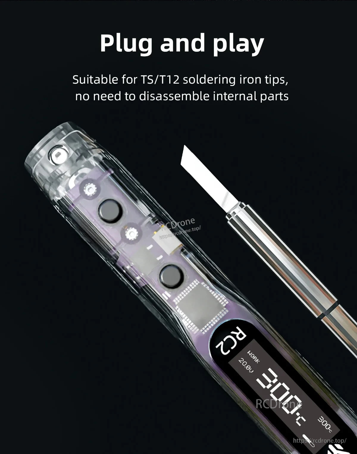 Plug-and-play TS/T12 tip installation on the RC2 soldering iron, with tip and handle shown side by side