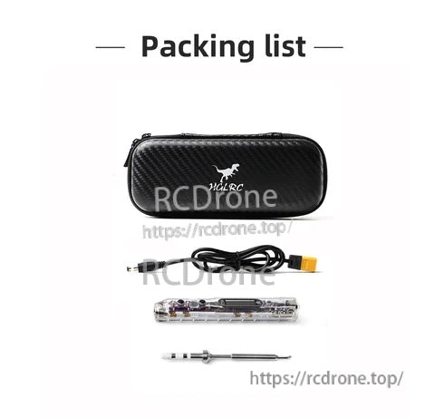 Packing list showing storage case, USB cable, RC2 soldering iron body, and soldering iron tip